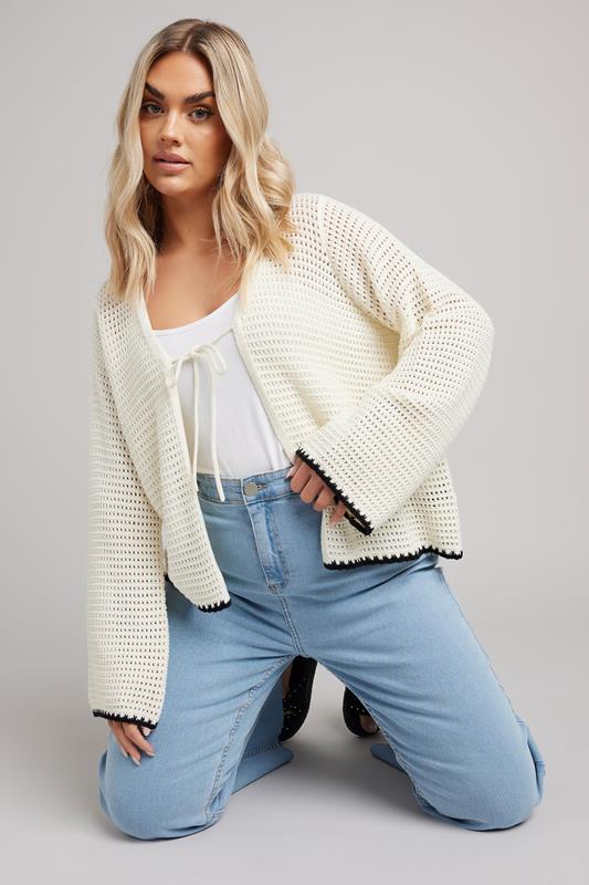 YOURS Curve White Crochet Tie Front Cardigan