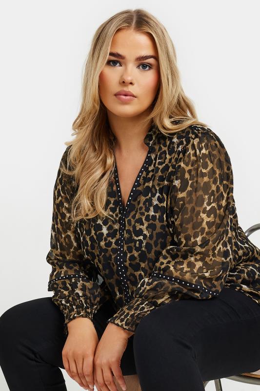 YOURS Curve Brown Leopard Print Stud Blouse