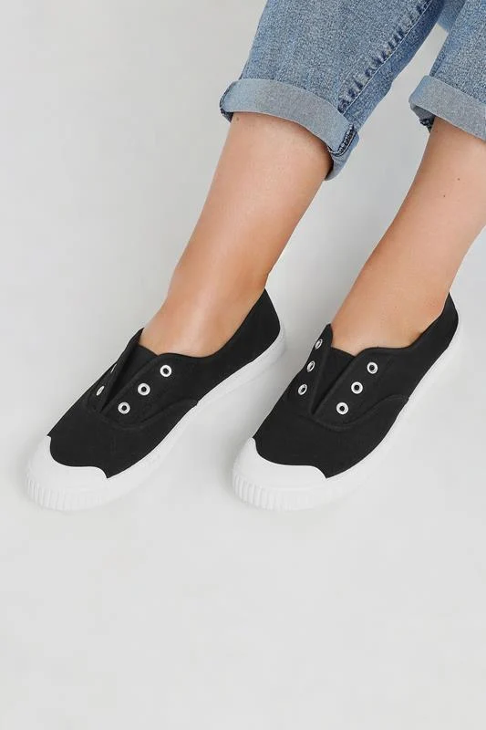 Black Canvas Slip On Trainers In Wide E Fit