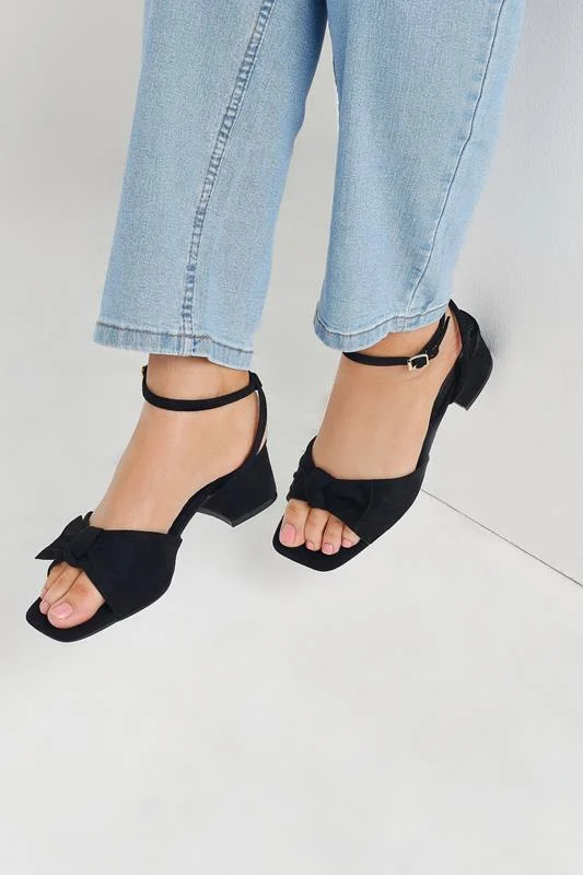 Black Faux Suede Bow Front Block Heels In Wide E Fit & Extra Wide EEE Fit