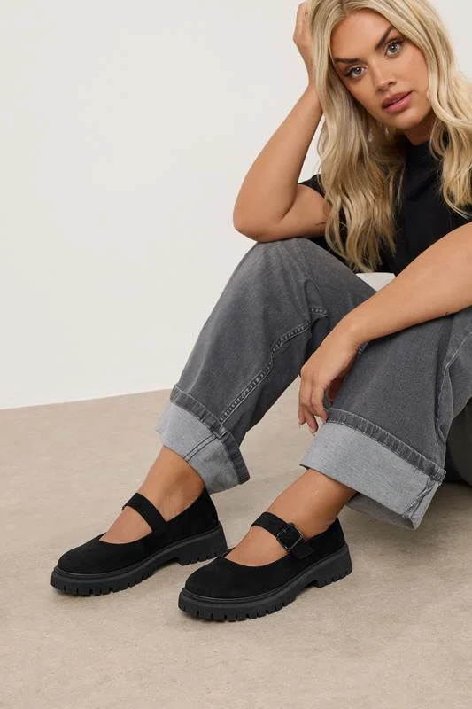 Black Faux Suede Chunky Mary Jane Shoes In Wide E Fit & Extra Wide EEE Fit