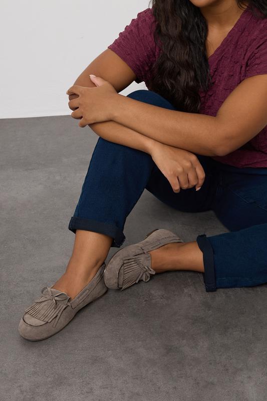 Brown Faux Suede Fringe Loafers In Extra Wide EEE Fit