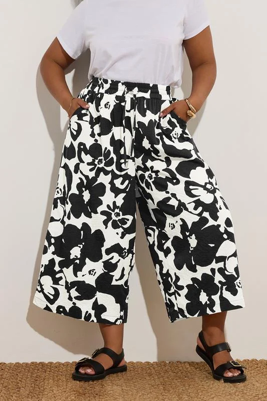 YOURS Curve Black Textured Floral Print Midaxi Culottes