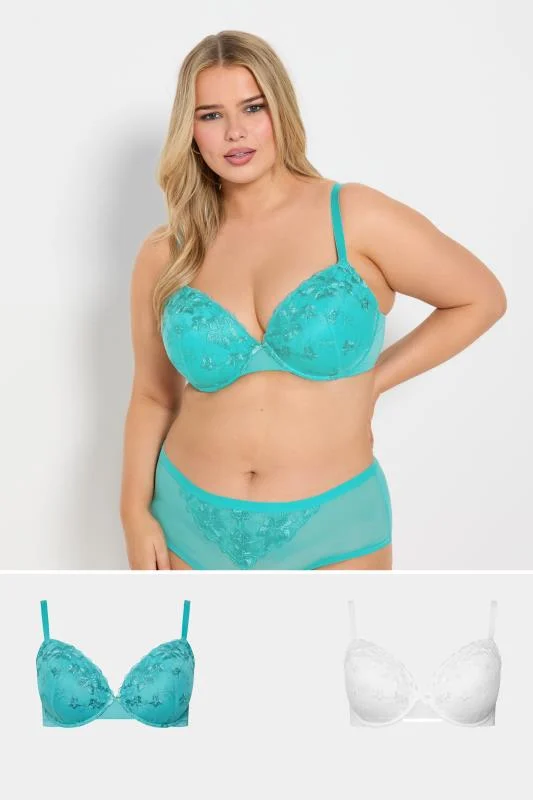 YOURS Curve 2 Pack Blue & White Floral Lace Embroidered Padded Bras