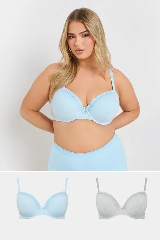 YOURS 2 PACK Grey Marl & Blue Lace Trim Padded Bra