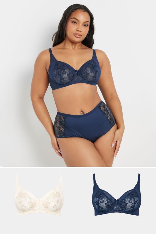 YOURS 2 Pack Navy Blue & White Floral Embroidered Underwired Bras