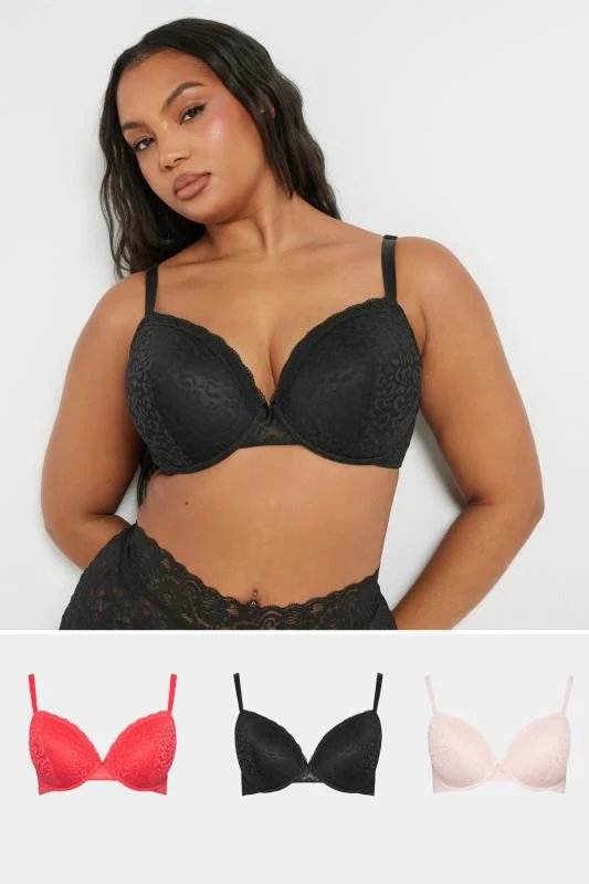 YOURS 3 PACK Curve Black & Pink Leopard Padded Bras