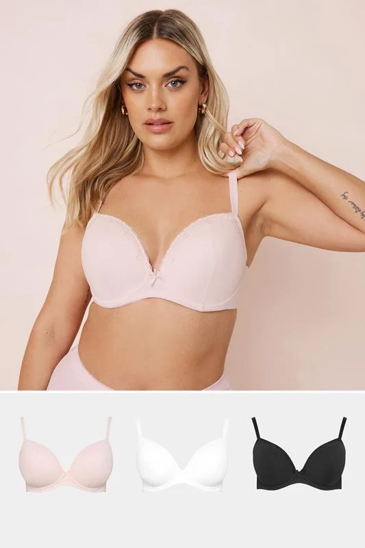 YOURS 3 PACK Curve Black & Pink Cotton Padded Lace Bras