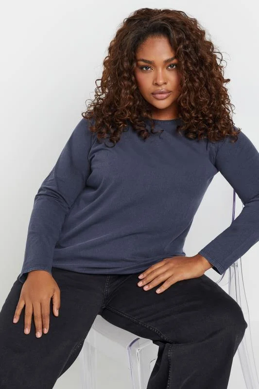 YOURS Curve Navy Blue Acid Wash Long Sleeve T-Shirt