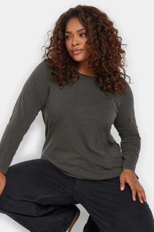 YOURS Curve Grey Acid Wash Long Sleeve T-Shirt