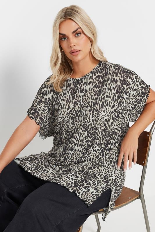 YOURS Curve Natural Brown Leopard Print Plisse T-Shirt