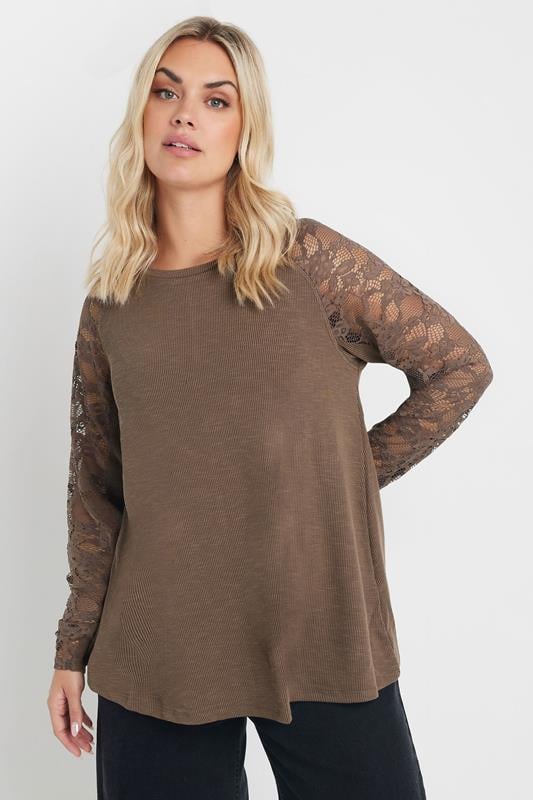 YOURS Curve Brown Lace Long Sleeve Top