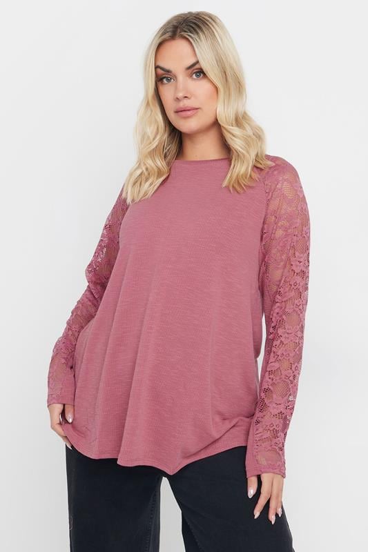 YOURS Curve Pink Lace Long Sleeve Top