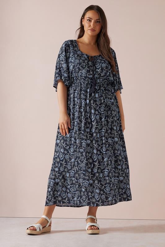 YOURS Curve Blue Paisley Print Tie Front Maxi Dress