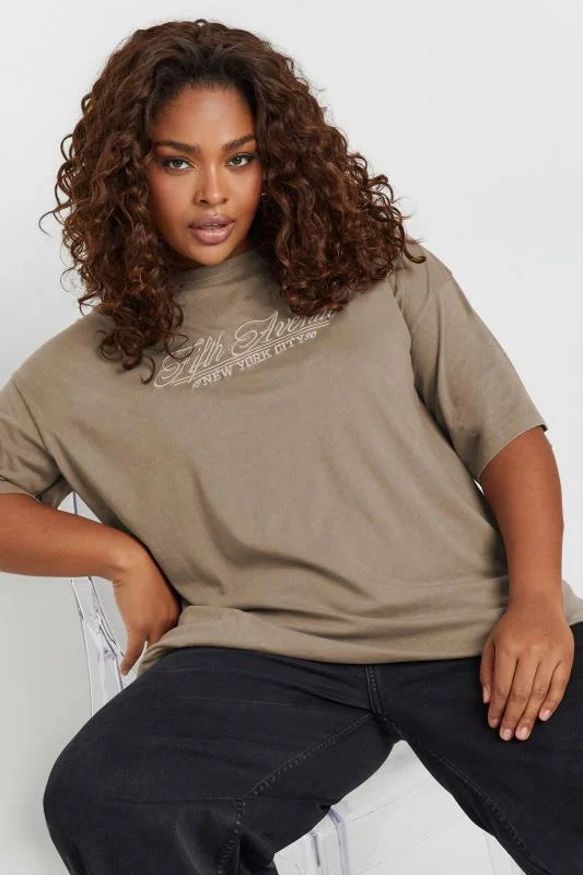 YOURS Curve Brown Acid Wash'Fifth Avenue' Oversized T-Shirt