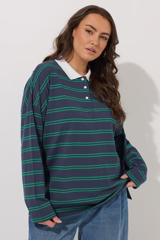 YOURS Curve Navy Blue Stripe Rugby Collar Top