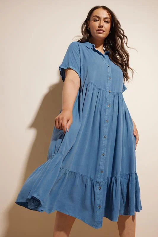 YOURS Curve Blue Tiered Maxi Chambray Shirt Dress