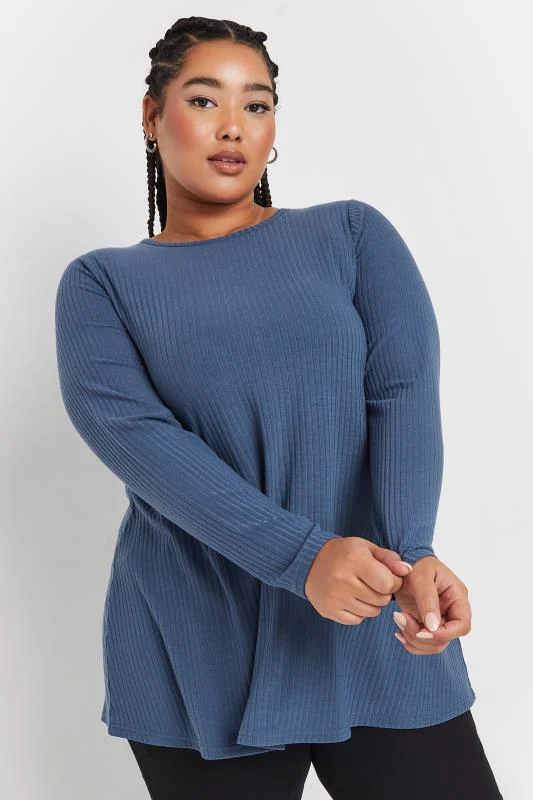 YOURS Curve Blue Long Sleeve Ribbed Swing Top
