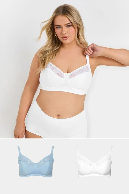 YOURS 2 PACK Blue & White Cotton Lace Trim Non-Padded Non-Wired Bralettes