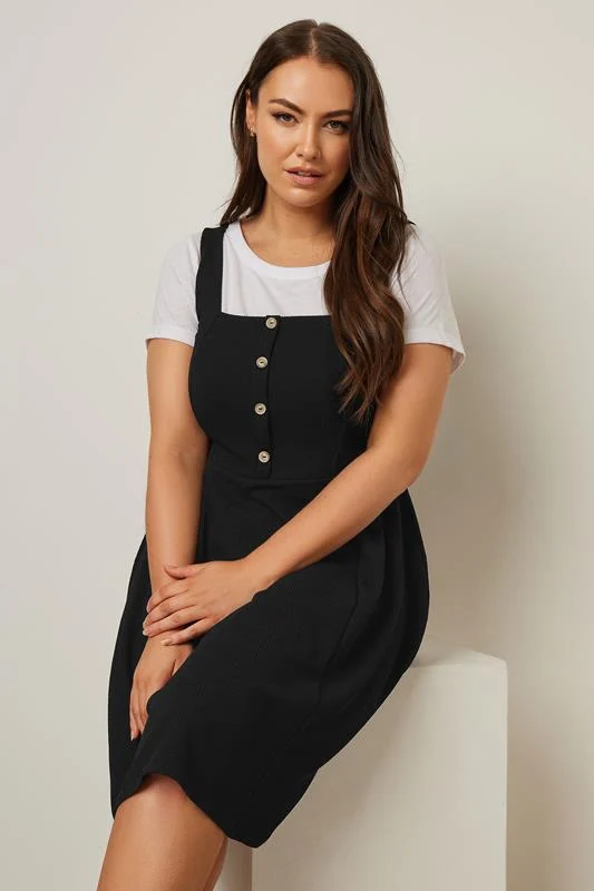 YOURS Curve Black Button Front Textured Pinafore Dress