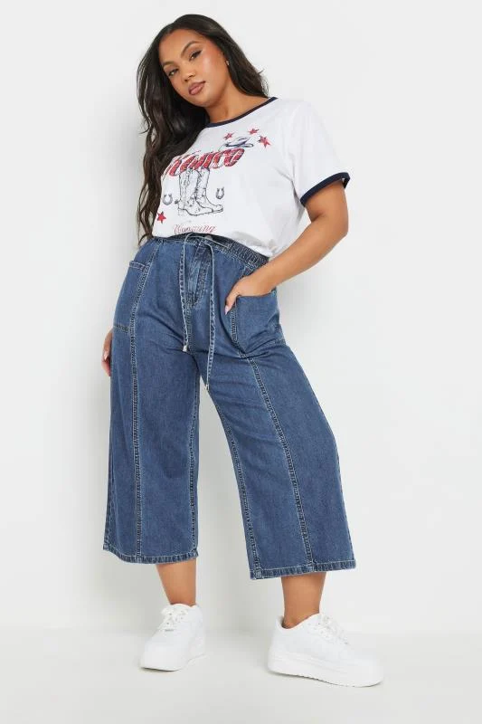 YOURS Curve Blue Wide Leg Cropped Denim Jeans 3 YOURS Curve Blue Wide Leg Cropped Denim Jeans