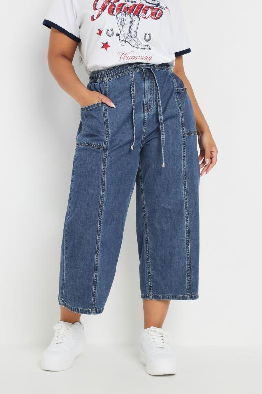 YOURS Curve Blue Wide Leg Cropped Denim Jeans