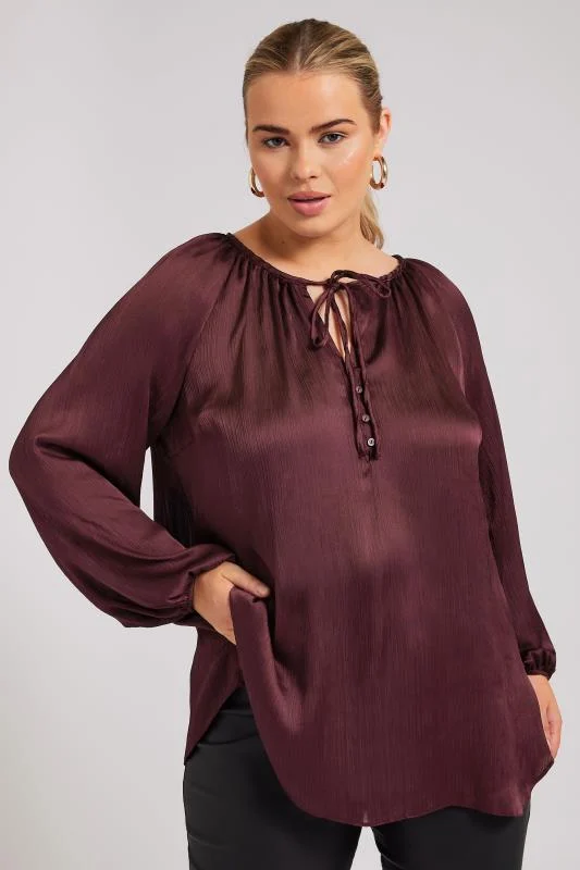 YOURS Curve Burgundy Red Tie Neck Blouse