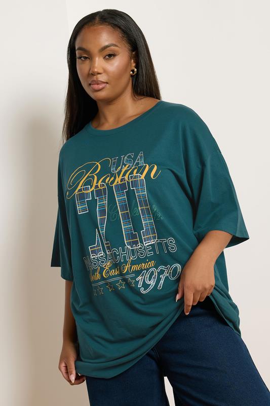 YOURS Curve Green Check'Boston 70' Boxy Graphic T-Shirt