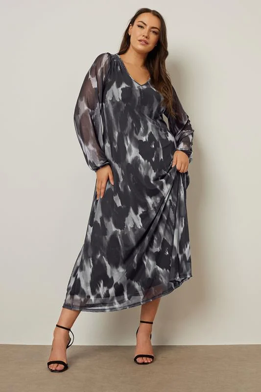 YOURS Curve Grey Leopard Print Mesh Maxi Dress