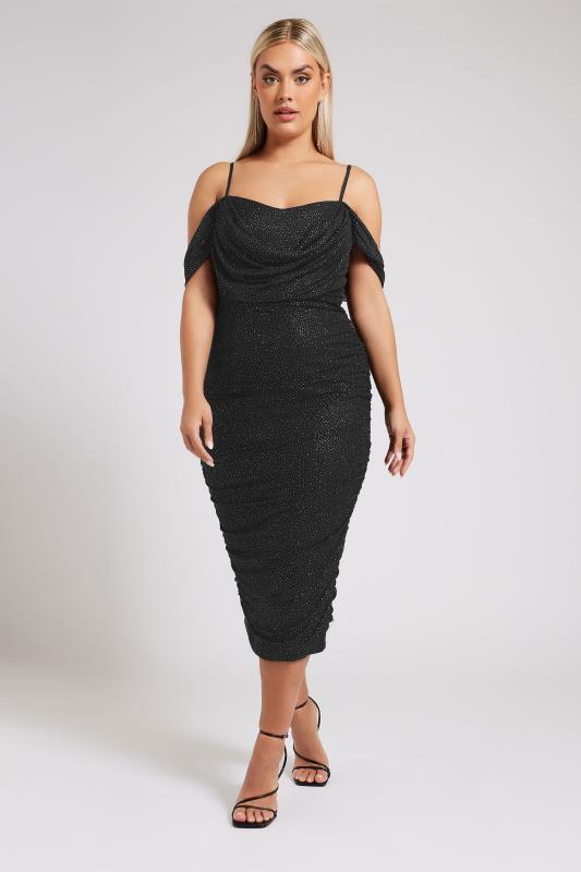 YOURS LONDON Curve Black Cold Shoulder Glitter Mesh Dress