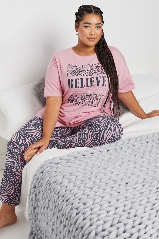 YOURS Curve Pink'Believe' Leopard Print Pyjama Set