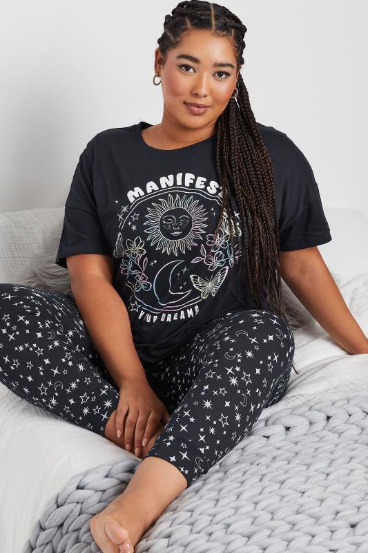 YOURS Curve Navy Blue'Manifest' Star Print Cuffed Pyjama Set