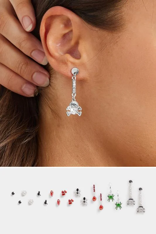 9 PACK Silver Tone Halloween Earrings Set