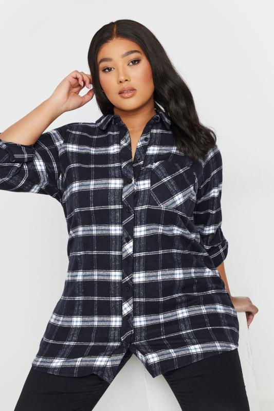 YOURS Curve Blue & Black Check Brushed Boyfriend Shirt