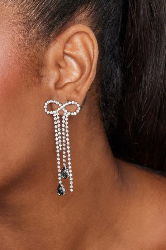 Silver Bow Drop Diamante Earrings