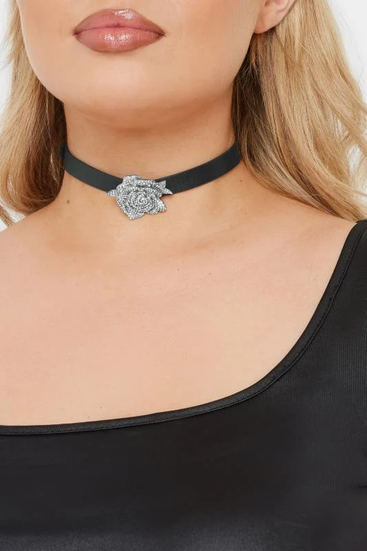 Silver Tone Floral Diamante Choker Necklace