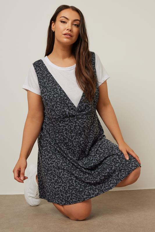 YOURS Curve Grey Textured Pinafore Dress