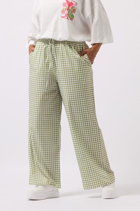 YOURS Curve Sage Green Gingham Wide Leg Trousers