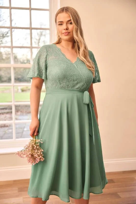 YOURS LONDON Curve Sage Green Lace Wrap Midi Dress