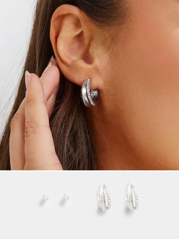 2 PACK Silver Diamante Hoop Earrings