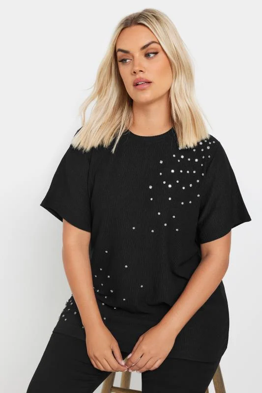 YOURS Curve Black Textured Diamante T-Shirt