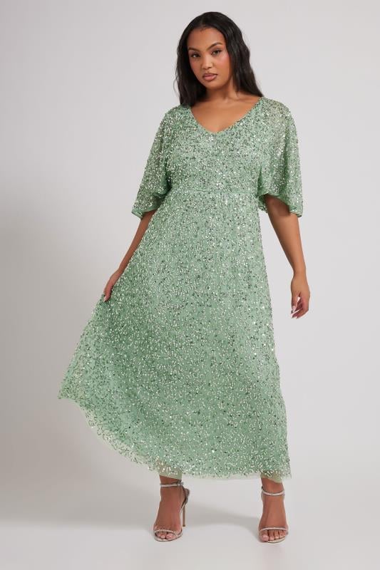 LUXE Curve Sage Green Sequin Embellished Maxi Dress