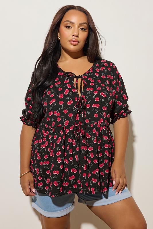 YOURS Curve Black Cherry Tie Front Peplum Top