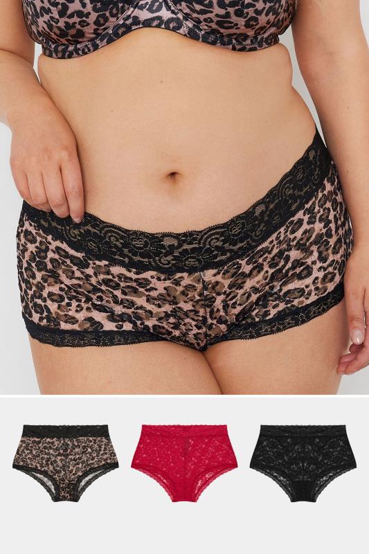 YOURS Curve 3 PACK Red & Black Leopard Print Lace Mid Rise Shorts