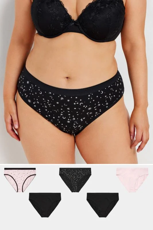 YOURS 5 PACK Curve Black & Pink Star Print High Leg Knickers