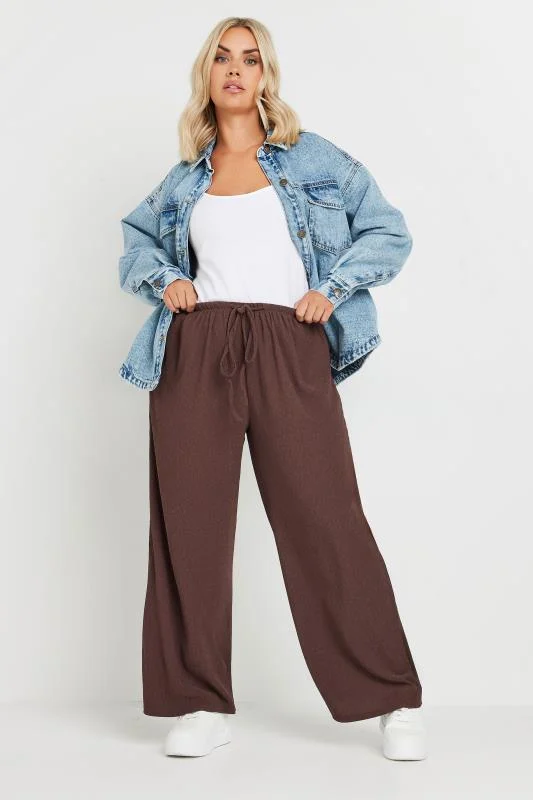 YOURS Curve Brown Textured Wide Leg Trousers 3 YOURS Curve Brown Textured Wide Leg Trousers