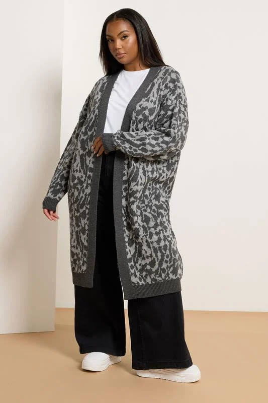 YOURS Curve Grey Leopard Print Midi Cardigan