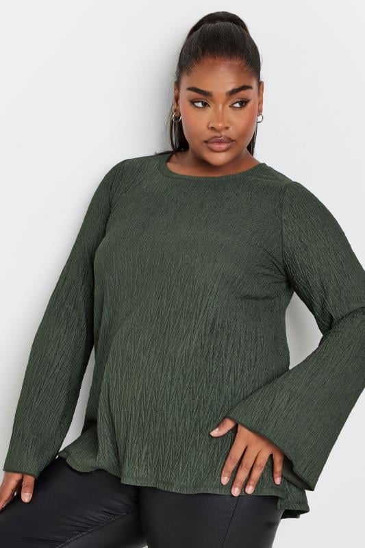 YOURS Curve Khaki Green Plisse Flute Sleeve Top