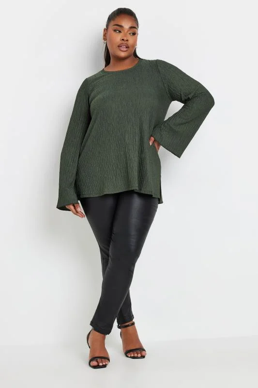 YOURS Curve Khaki Green Plisse Flute Sleeve Top 3 YOURS Curve Khaki Green Plisse Flute Sleeve Top