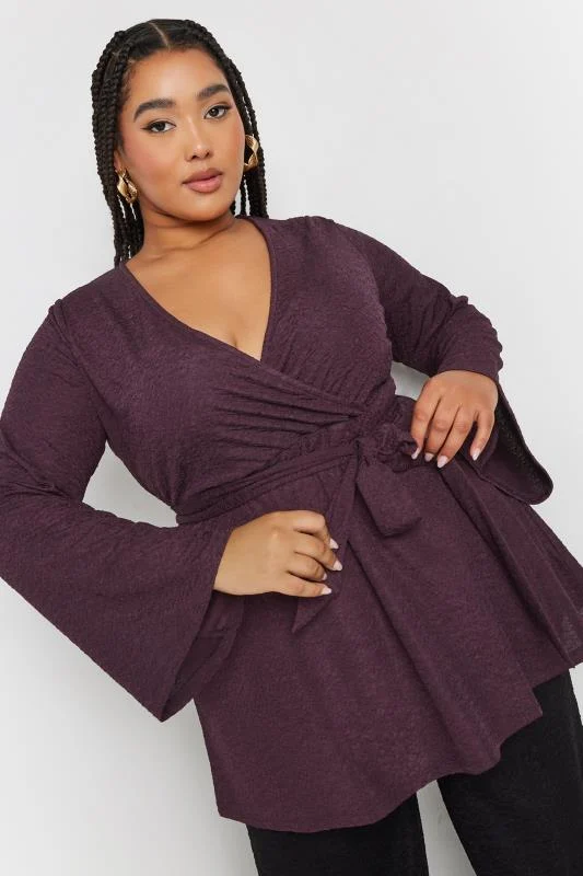 YOURS Curve Purple Textured Flare Sleeve Wrap Top